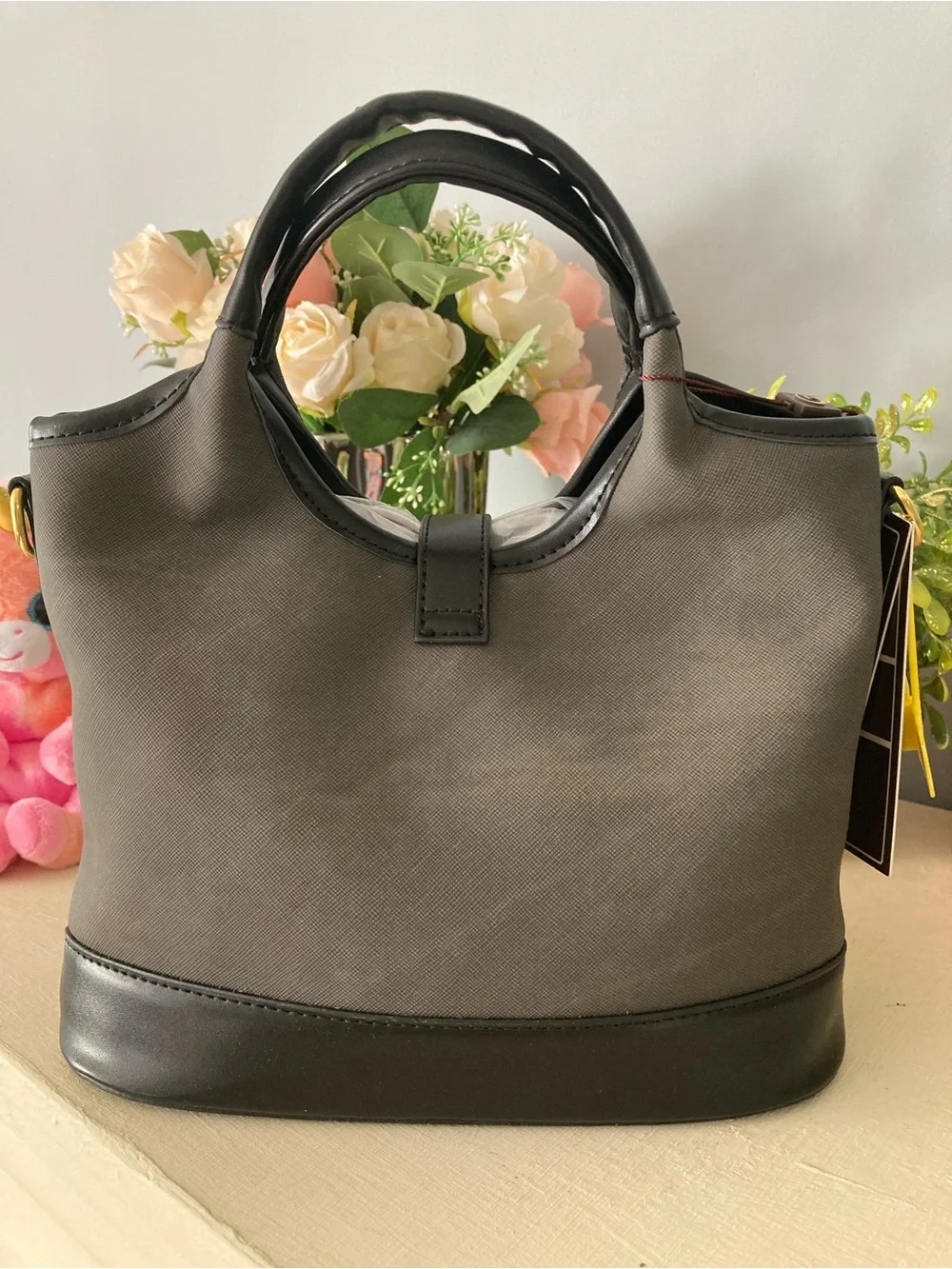 Source Unknown Black Embossed Satchel with Gold Hardware
